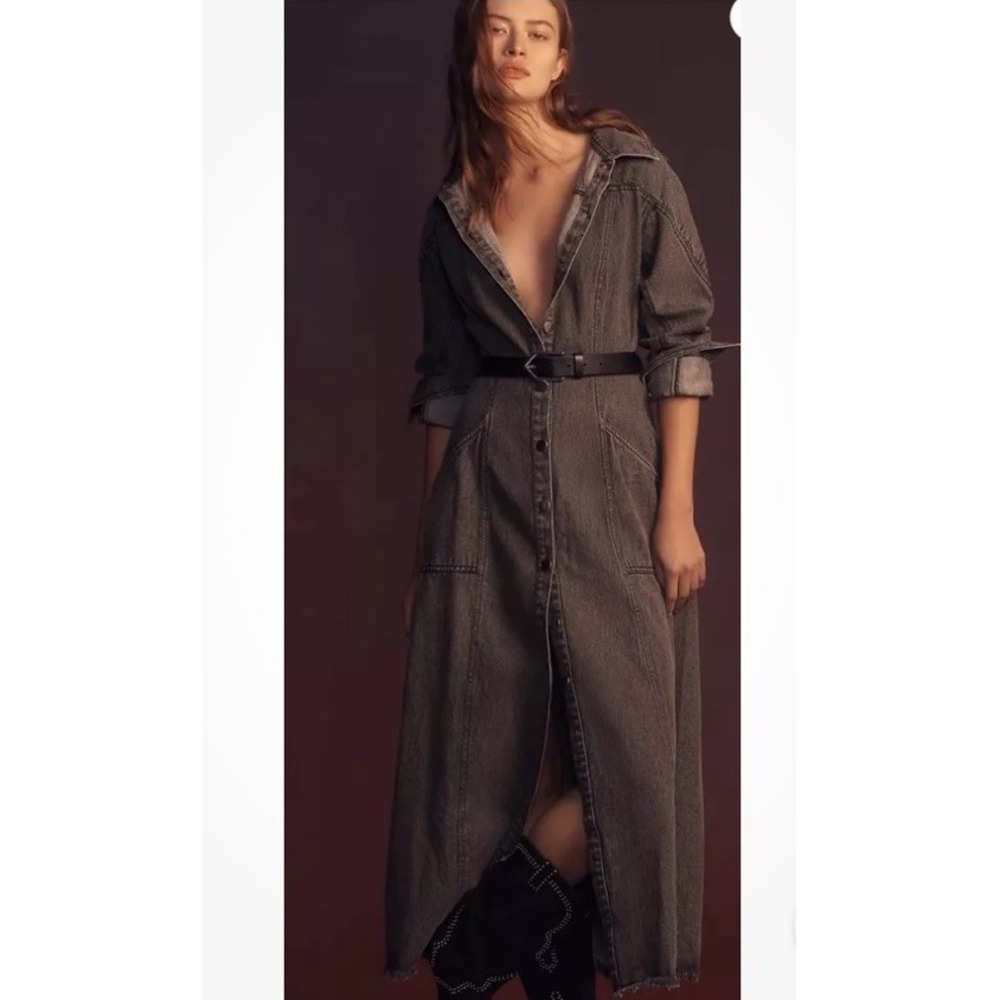 Anthropologie Let Me Be Denim Shirt Dress Button Up Pockets Frayed Gray Size M